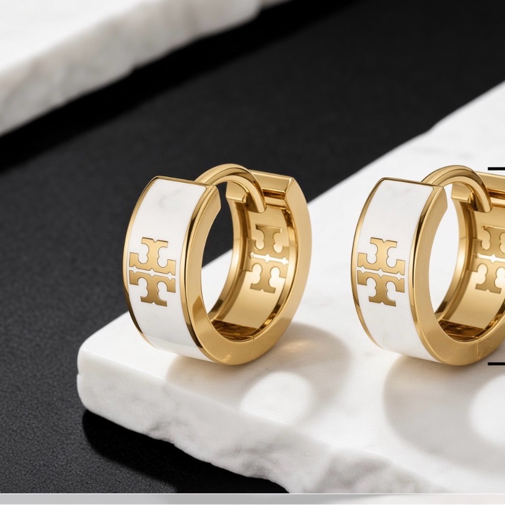 Beautiful Tori, Burch Gold and White Logo Hoop Earrings - Women's Jewelry